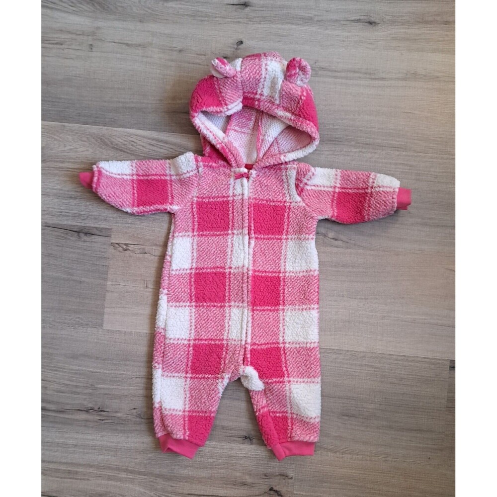 Carter's Baby Girls Hooded Sherpa Jumpsuit- Size 6m -Pink Plaid-Warm